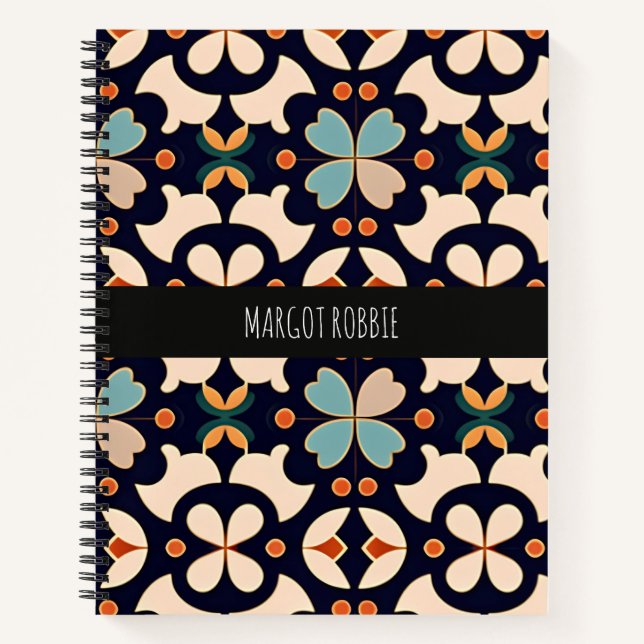 Carnet Fleurs Isométriques Bleu Orange Floral Motif Rétro (Devant)