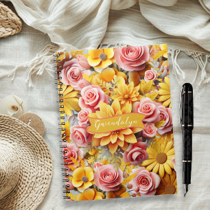 Carnet Fleurs jaunes personnalisées reliure spirale