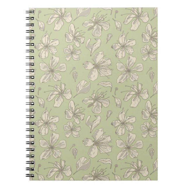 Carnet Fleurs jetées sur vert olive - motif sans soudure. (Devant)