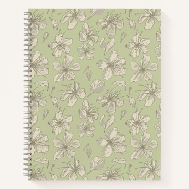 Carnet Fleurs jetées sur vert olive - motif sans soudure. (Devant)
