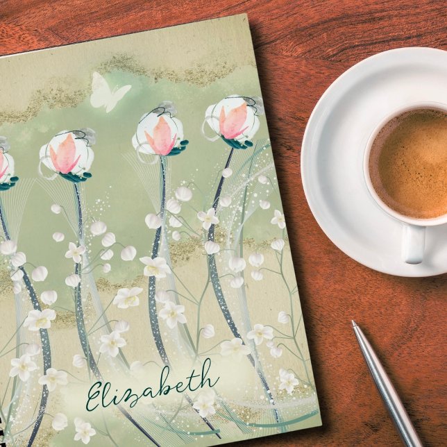 Carnet Fleurs Moss Green & White Pastel Personnalisées (Capture your thoughts in style with our Moss Green & White Pastel Flowers Personalized Notebook.)
