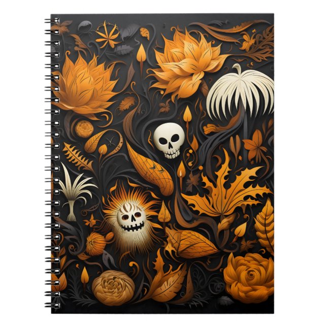 Carnet Fleurs Motifs D'Halloween Et Crâne Blanc (Devant)