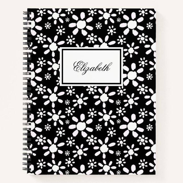 Carnet Fleurs noires et blanches simples motif floral (Devant)