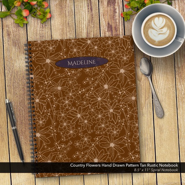 Carnet Fleurs Pays Main Tirée Motif Rustique Brown (Country Flowers Hand Drawn Pattern Brown Rustic Notebook: 8.5"x11" Spiral Notebook with Purple Name)