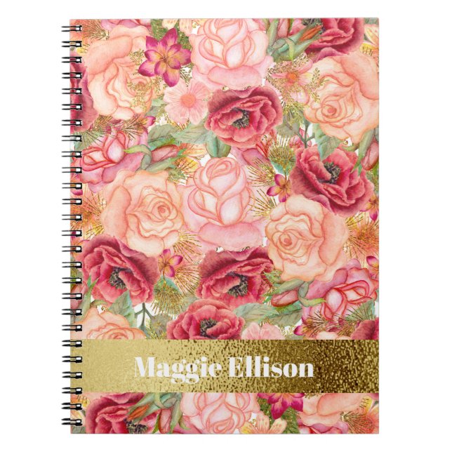 Carnet Fleurs personnalisées Roses d'or rouge rose (Devant)