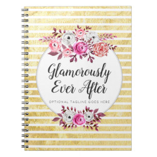 Carnet Fleurs roses et glamour doré, moderne rayure à l'a