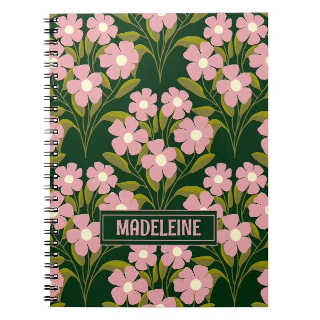 Carnet Fleurs roses Sage Vert Feuille motif (Devant)