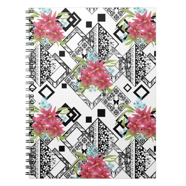 Carnet Fleurs roses sans joint floral ornemental noir bla (Devant)