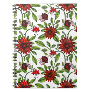 Carnet Fleurs rouges abstraites et feuilles verts sur fon