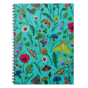 Carnet Fleurs sauvages et papillons de nuit sur turquoise