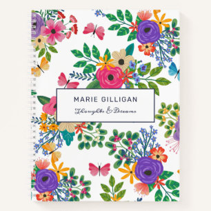 Carnet Fleurs vives et papillons Motif blanc