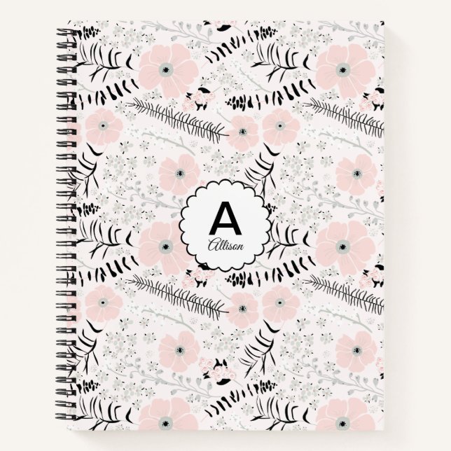 Carnet Fleurs Whimsical Moyennées Monogrammes Gris Rose (Devant)