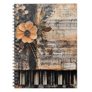 Carnet Floral avec touches de piano rustique et feuille d