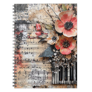 Carnet Floral avec touches de piano rustique et feuille d