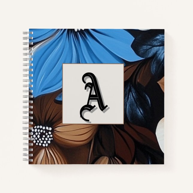 Carnet Floral bleu et chocolat - Monogramme personnalisé (Devant)