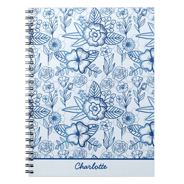 Carnet Floral bleu motif bleu blanc personnalisé (Devant)