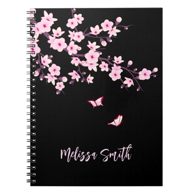 Carnet Floral Fleurs de cerisier Monogramme rose noir (Devant)