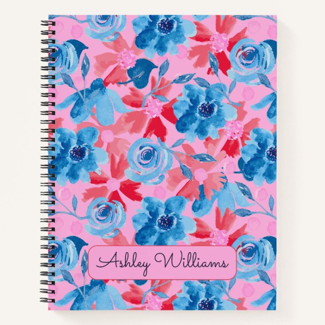 Carnet Floral Gras Peint À La Main - Rouge, Bleu Et Rose (Devant)