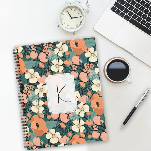 Carnet Floral monogramme personnalisé (Personalize the monogram on this pretty floral notebook with just a few clicks.)