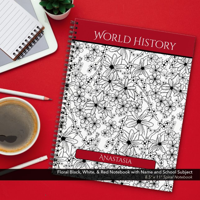 Carnet Floral Noir Blanc Rouge Nom de l'école Objet (Spiral School Notebook: Hand Drawn Floral Pattern in Black, White, and Red with Name and Subject)