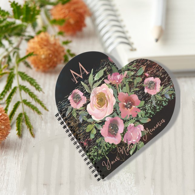 Carnet Floral rose Noir Carcoeur (Pink floral black heart shaped notebook)