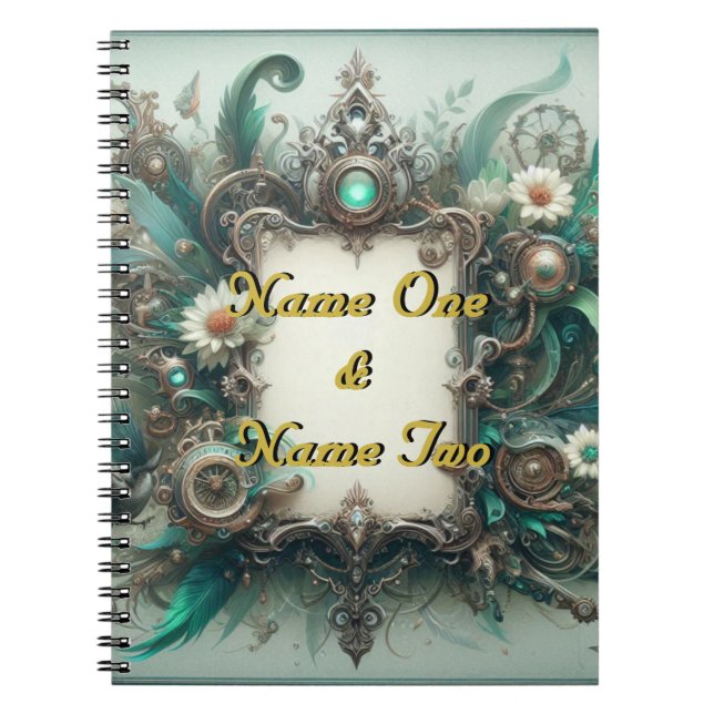 Carnet Floral Steampunk Mariage vert et argent (Devant)