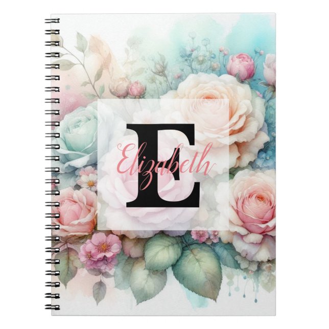 Carnet Floral watercolor monogram pink roses flowers  (Devant)