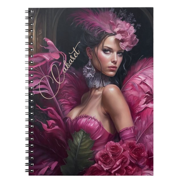 Carnet Florales et plumes de cabaret roses (Devant)