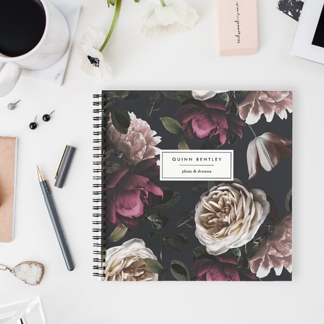 Carnet Flore noire chic sur noir | Personnalisé (Créateur téléchargé)