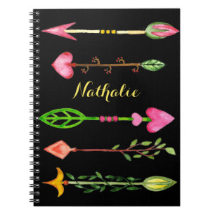 Carnet Flore rose floral flèches sur noir