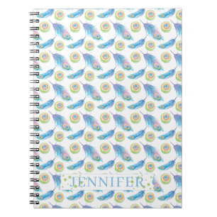 Carnet Fond personnalisé avec nom et plumes de paon bleu