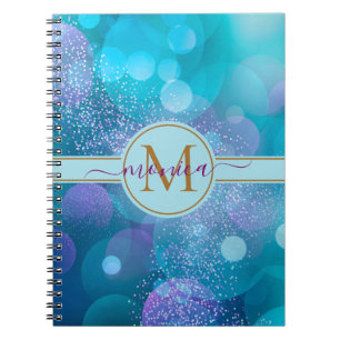Carnet Girl Aqua Blue Bokeh Gold Parties scintillant Nom 