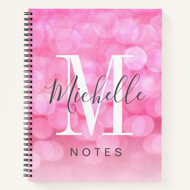 Carnet Girl Pink Sparkle Bokeh Nom du monogramme (Devant)