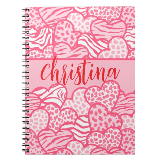 Carnet Girly Blush Rose mignon Animal Imprimer Coeurs Nom (Devant)