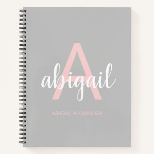 Carnet Girly Grey rose élégant moderne Monogramme Nom