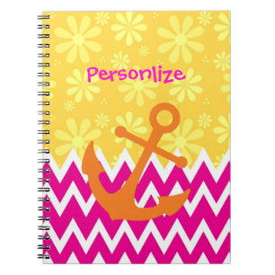 Carnet Girly Pink Chevrons Ancre nautique avec nom