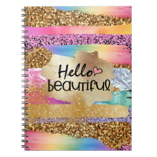 Carnet Girly rainbow gold glitter hello beautiful heart