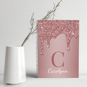 Carnet Girly Rose Gold Sparkle Glitter Drips monogram
