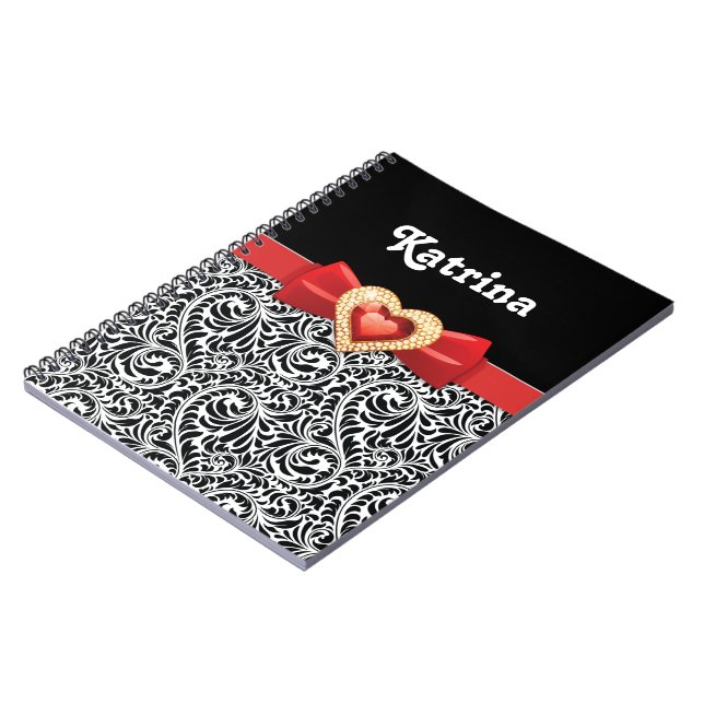 Carnet Glamour noir blanc damassé & arc rouge et bijou (Côté gauche)