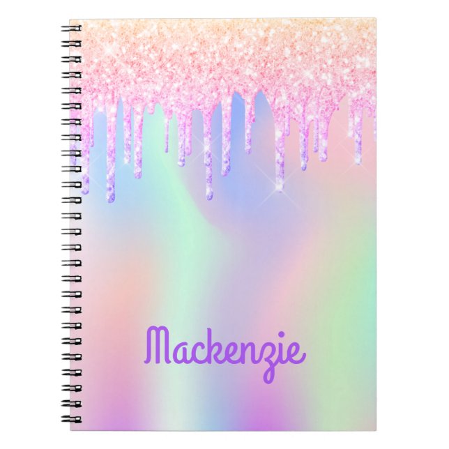 Carnet Glitter rose iridescent unicorn girl name (Devant)