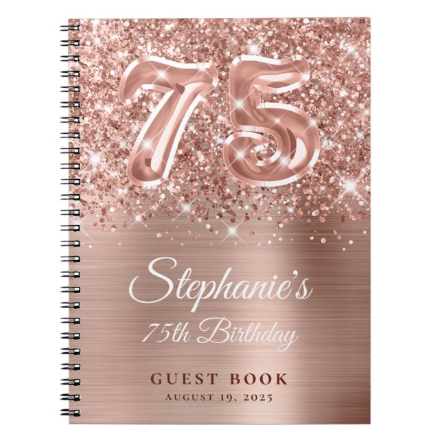 Carnet Glittery Rose Gold Glam 75th Birthday Guestbook (Devant)