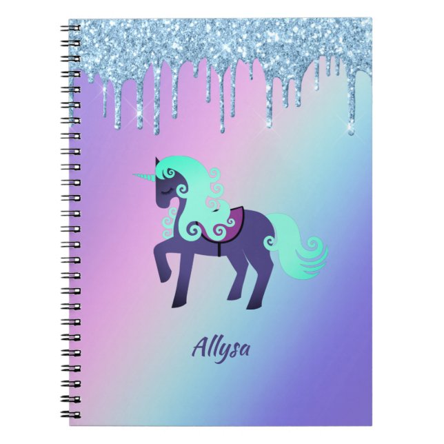 Carnet Glittery Unicorn avec Rainbow Pastel Arrière - pla (Devant)