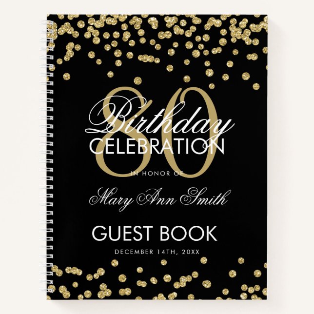Carnet Gold 80th Birthday Guestbook Confetti Black (Devant)