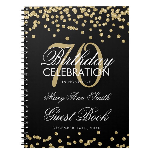 Carnet Gold Black 70th Birthday Guest Book Confetti (Devant)