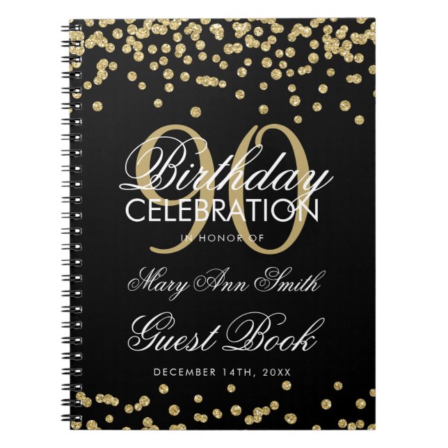 Carnet Gold Black 90th Birthday Guest Book Confetti (Devant)