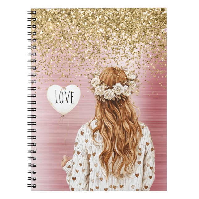 Carnet Gold Glitter White Hearts Balloon Red Head Female (Devant)