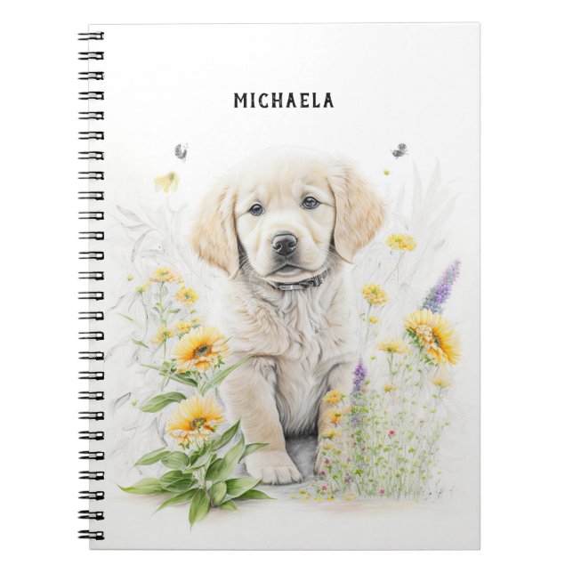 Carnet Golden Retriever Puppy et Floral Nom du monogramme (Devant)