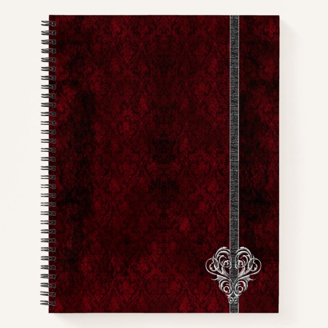 Carnet Goth Rouge Cœur en Damassé Argent (Devant)