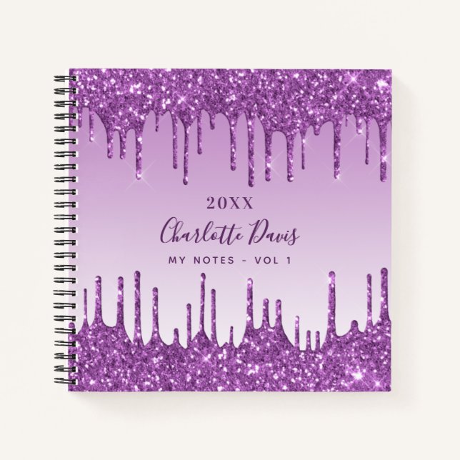 Carnet Gouttes de paillettes violettes, monogramme glamou (Devant)