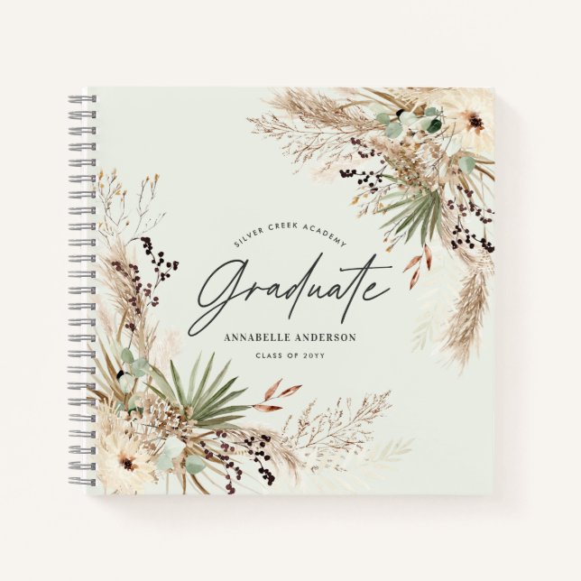 Carnet Gradué faveur pampas eucalyptus élégant script (Devant)